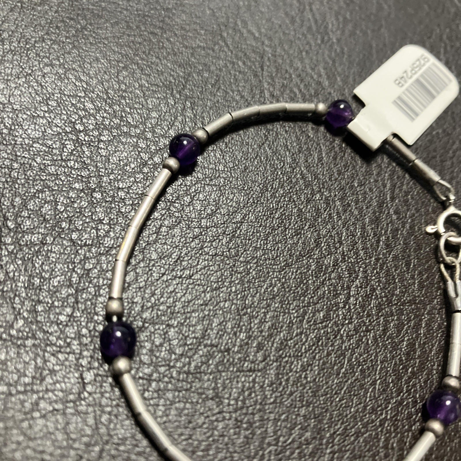 925 Sterling Silver Bracelet 2.4 Grams With Purple Beads 6.5 Inches Pre Owned