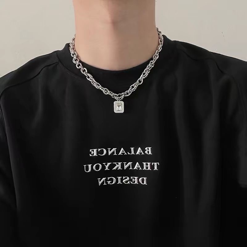 Necklace Square Zirconia Pendant Stainless Silver Unisex Street Neck Jewelry