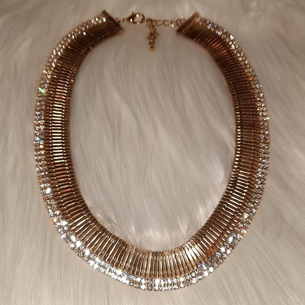 Cz goldtone accordian style choker collar bib necklace adjustable length