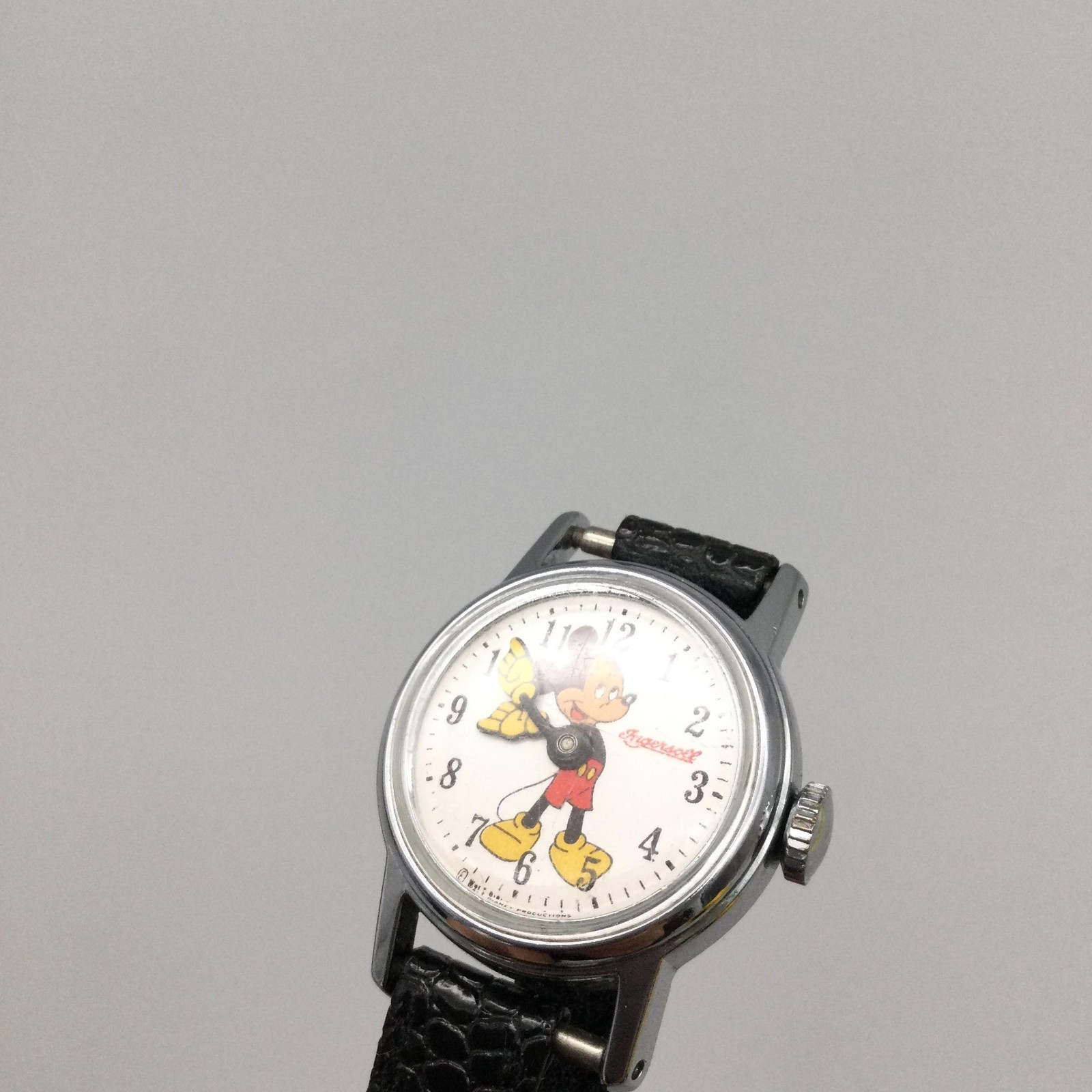 Vintage Ingersoll Disney Boys Watch 24mm Mickey Mouse Manual Wind Black Strap