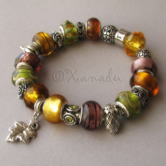 Golden Autumn European Style Charm Bracelet – Gold Green Amber Fall Themed Beads