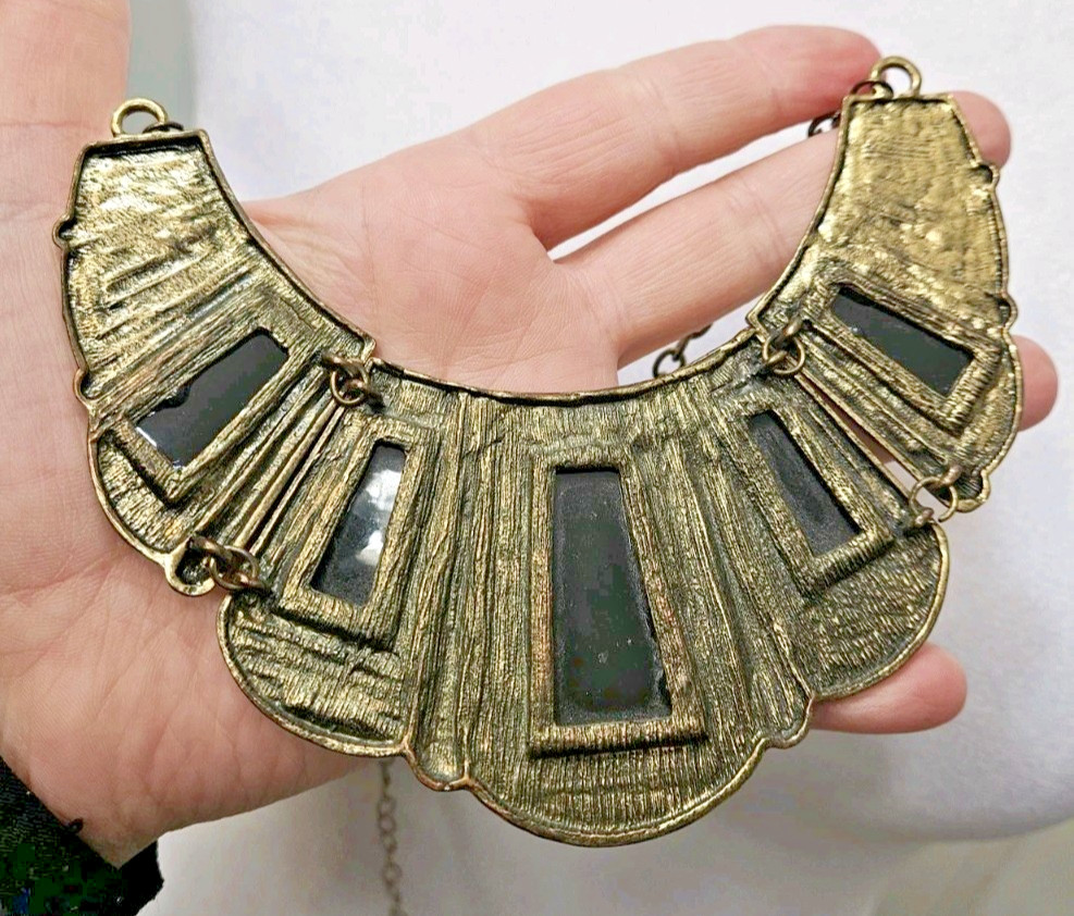 Vintage Geometric Statement Bib Necklace Black & Gold Tone Art Deco Egyptian Rev
