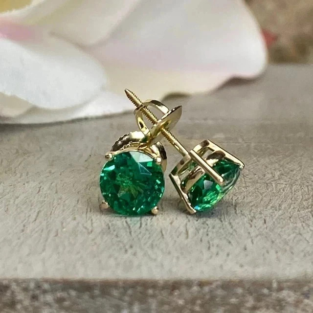 Natural Emerald 2.00Ct Round Cut Women’s Stud Earrings 14KYellow Gold Plated