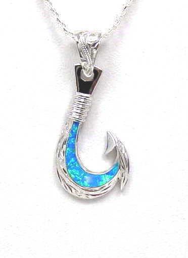 INLAY OPAL STERLING SILVER 925 HAWAIIAN SCROLL FISH HOOK PENDANT 18.50MM LARGE