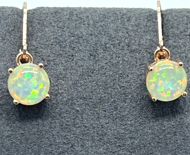 Earrings. Rose Gold Tone White Multicolor Reflective Opal Leverback w/1″ Drop