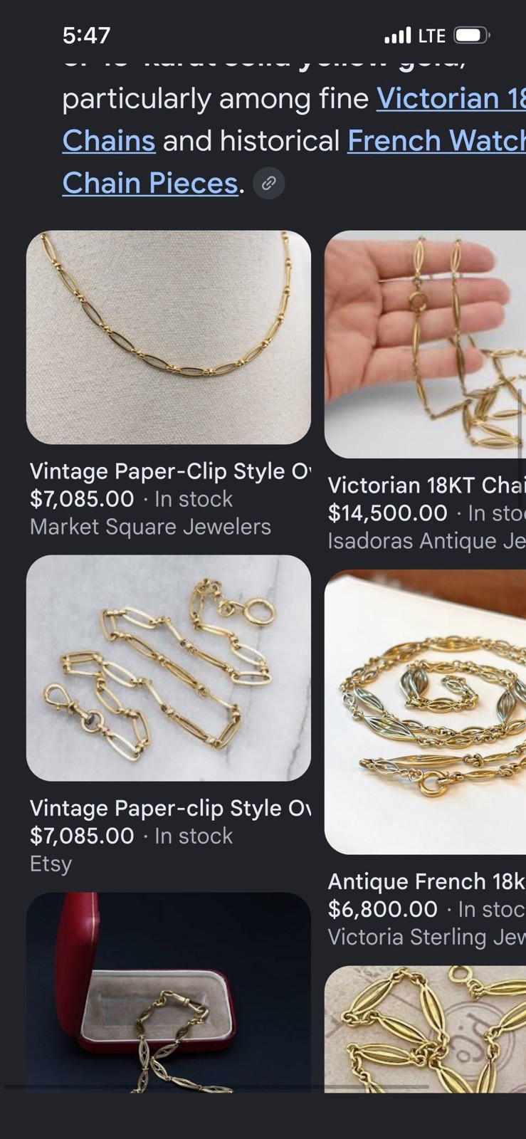 Gold Tone Pocket Watch Chain Paper-Clip Link w/ Swivel Dog-Clip Clasp
