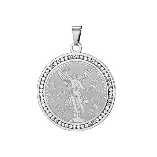 Stainless Steel Centenario 50 Pesos CZ Pendant Cuban Rope Necklace Chain
