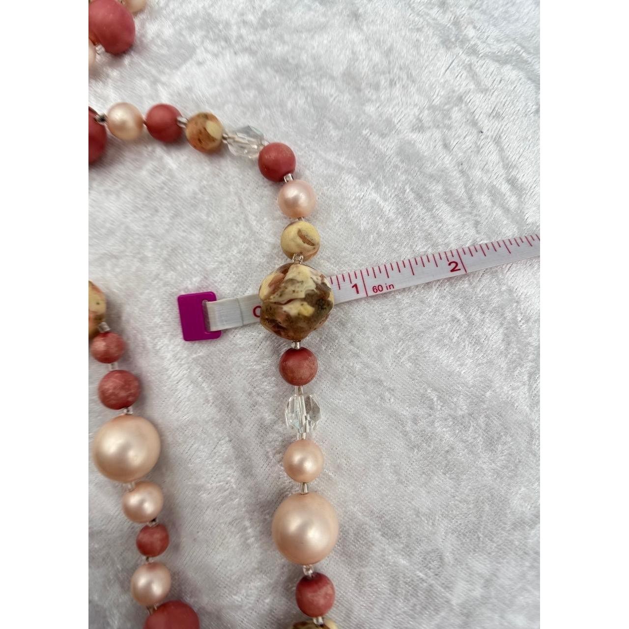 Vintage Bold Pink Mauve Faux Pearl Necklace 24” Beaded Single Strand AB Crystal