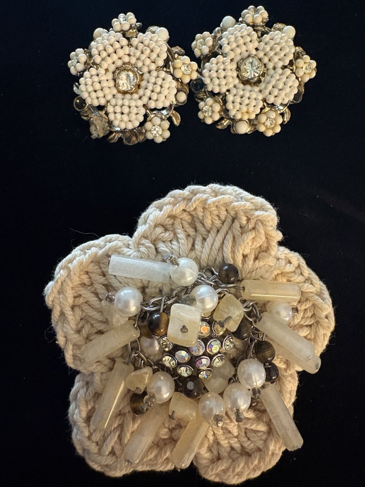 Vintage Beaded Flower Clip Earrings & Crochet Floral Brooch Set As Is