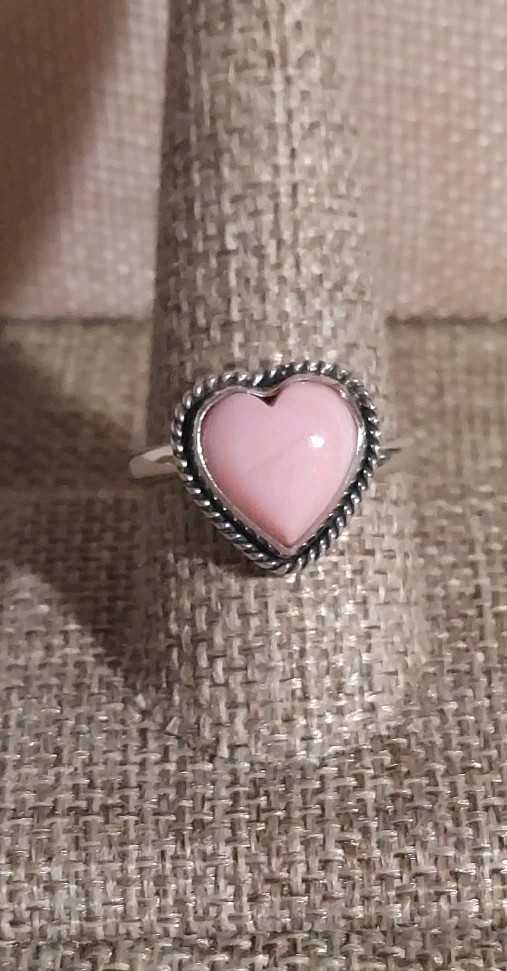 New Sterling Silver & Natural Pink Conch Heart Adjustable Ring