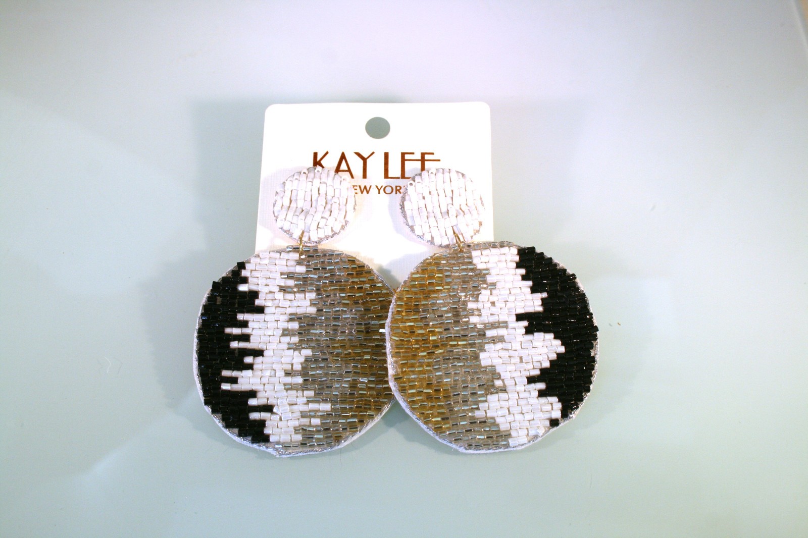 Silvertone black, silver, gold, white tube beads round dangle stud earrings 3″