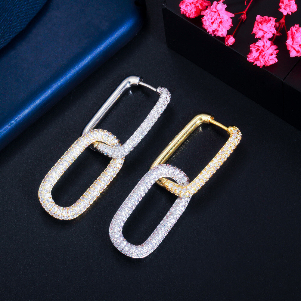 Gold Plated Mix Multicolor CZ Bridal Dangle Drop Rectangle Charm Hoop Earrings