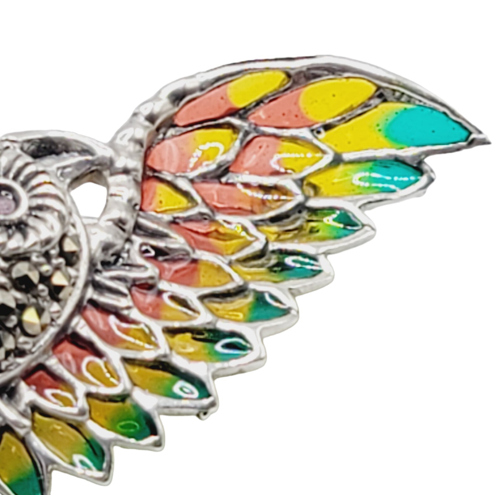 Handmade 925 Sterling Silver Plique Enamel Ruby Marcasite Brooch Owl in Flight