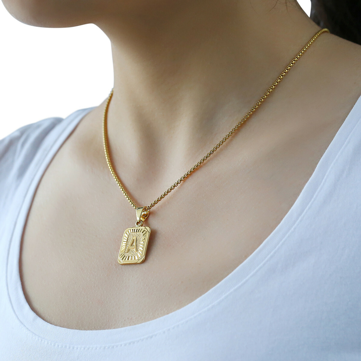Gold Plated Square Initial Letter A-Z Pendant Necklace 2mm 18-36″ Box Link Chain