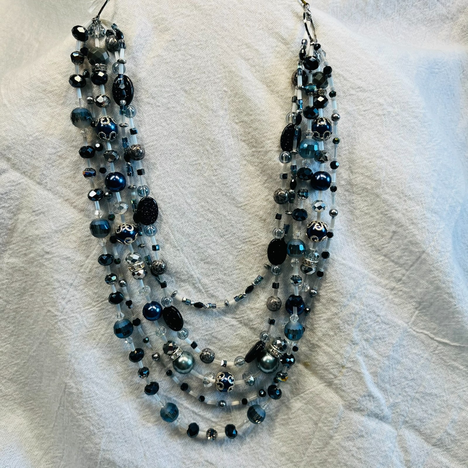 Blue White Silver Beaded 5 Strand Necklace 18″ long – HANDMADE