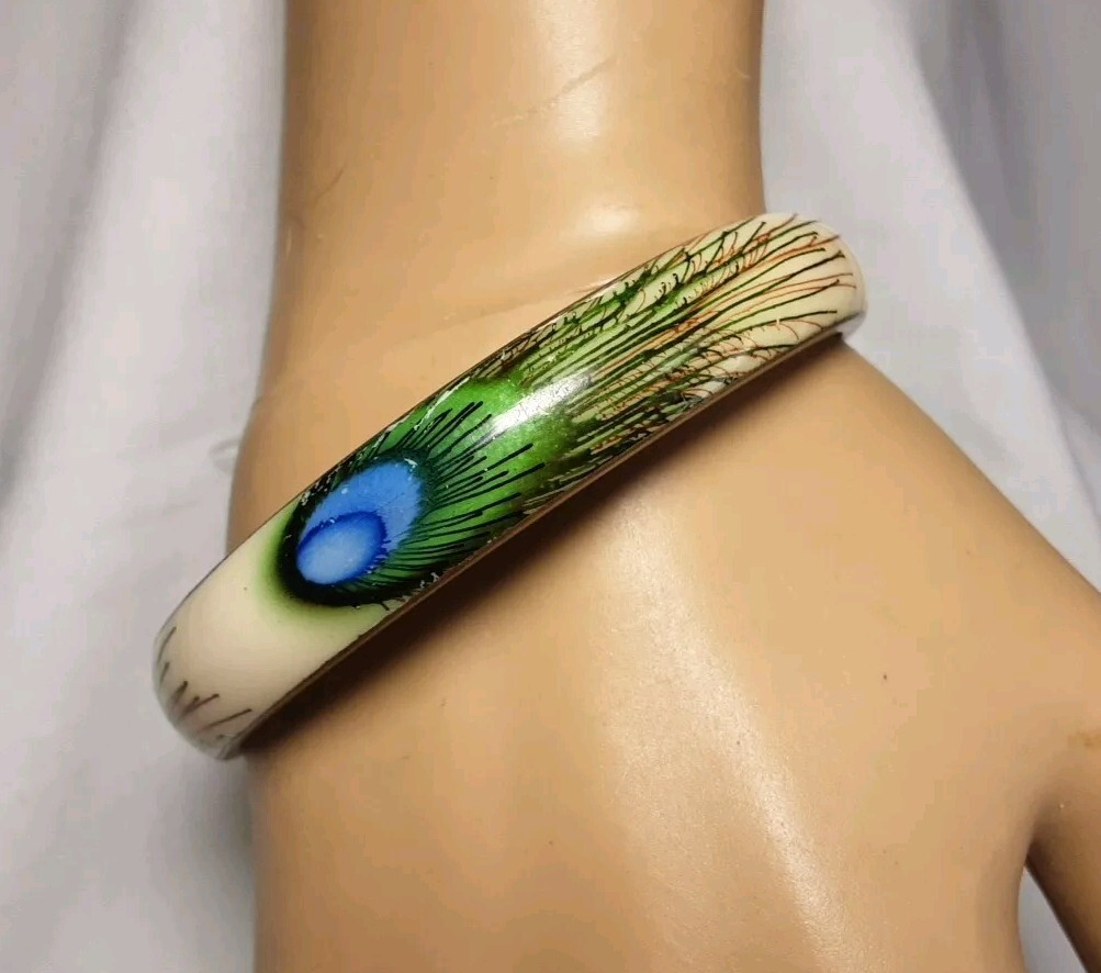 Bracelet Brass Hand Painted Enamel Peacock Feather Blue Green Bangle 3/8″ Wide