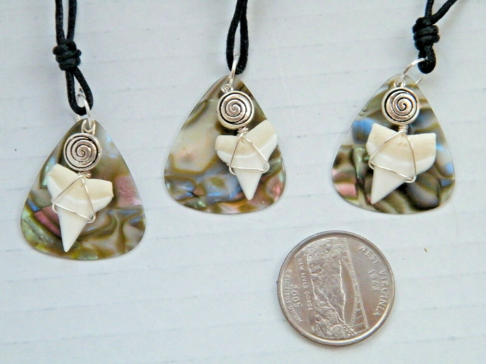 SHARK Fossil Tooth Necklace Real Teeth Faux Abalone Sea Shell 16″-28″ Cord NEW!