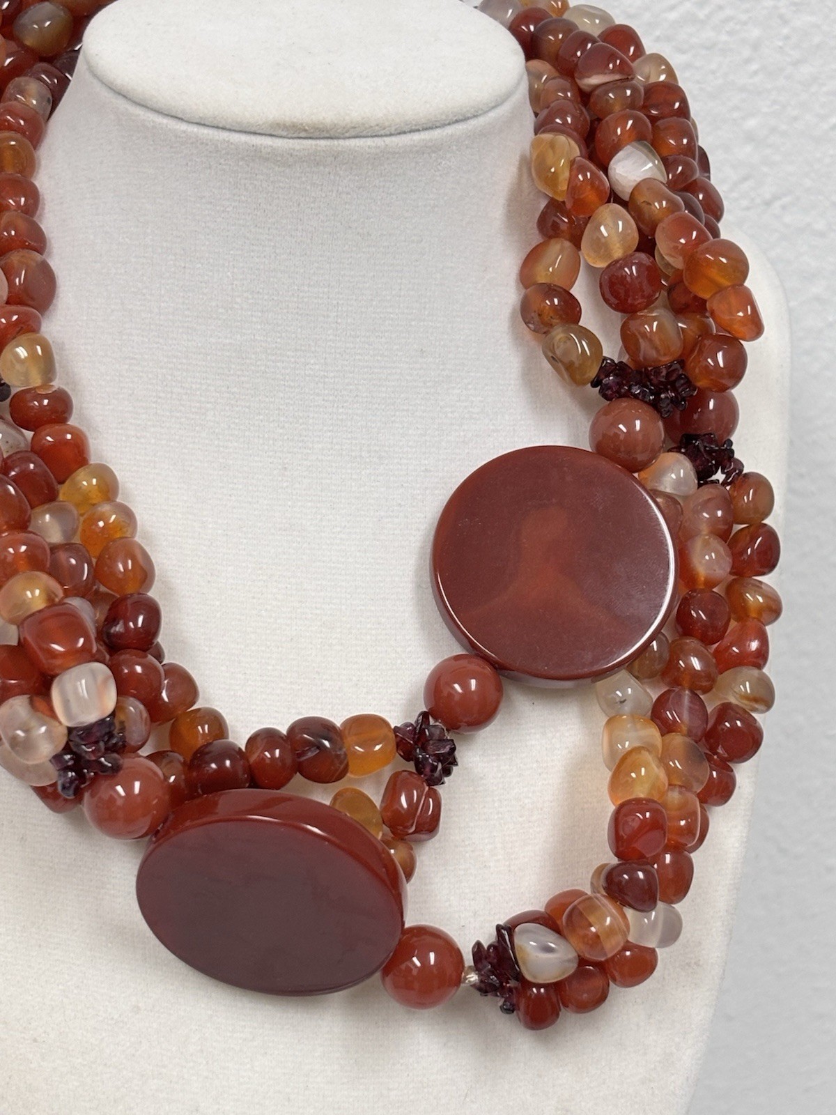 Genuine Carnelian Stone necklace 32” Hand Beaded W Smoky Quartz Bracelet 925