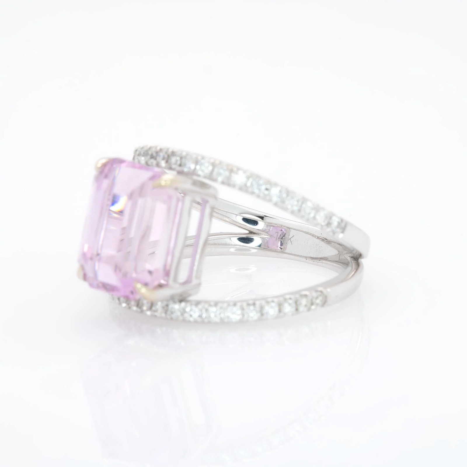 6.26ct Kunzite Emerald Cut Ring Solid 14K White Gold 10x8mm for Women Gift