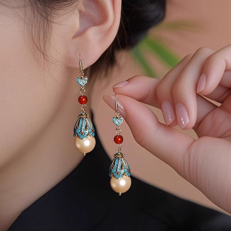Chinese Style Enamel Red Pearl Dangle Earrings New Chinese Hanfu