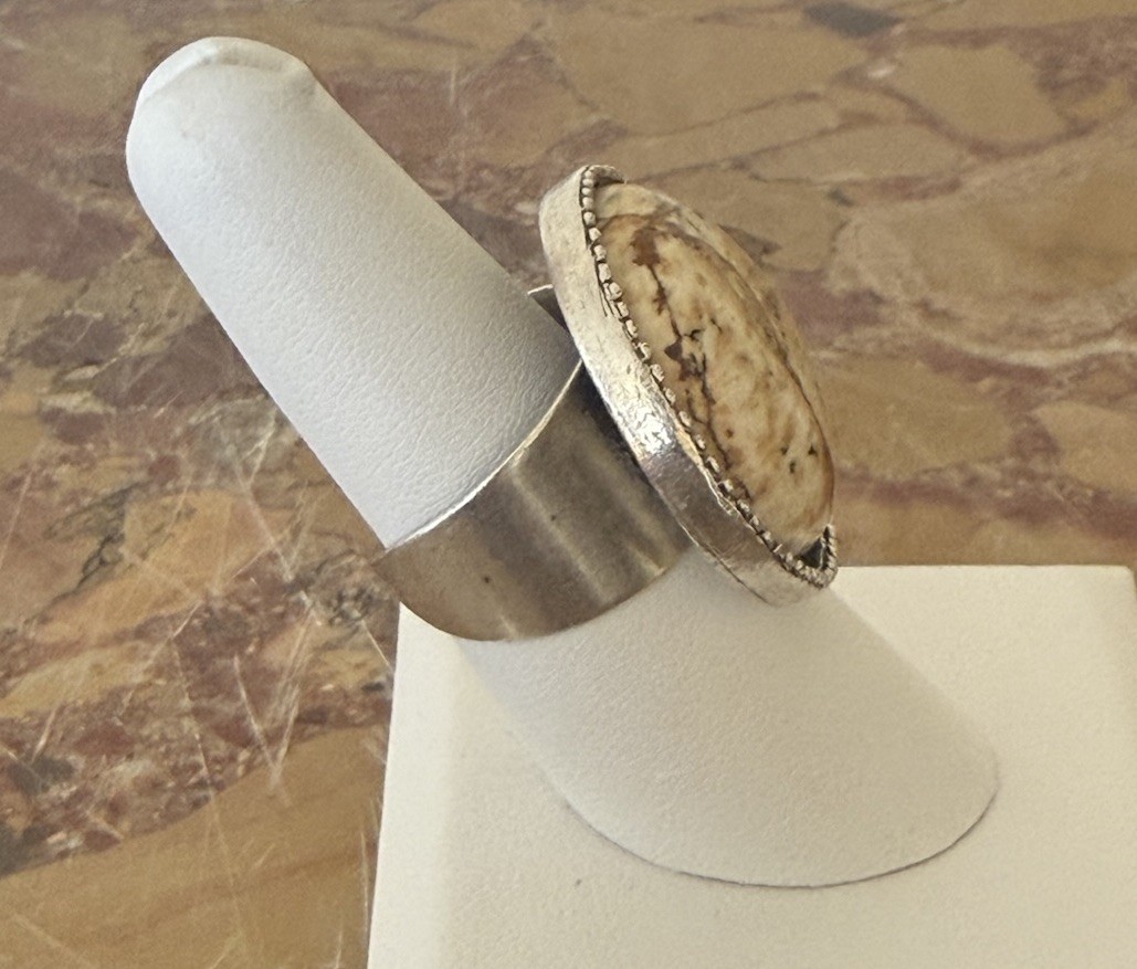 VTG Picture Jasper Ring 925 Sterling Silver Round Cabochon Brown Tan Swirls 7.5