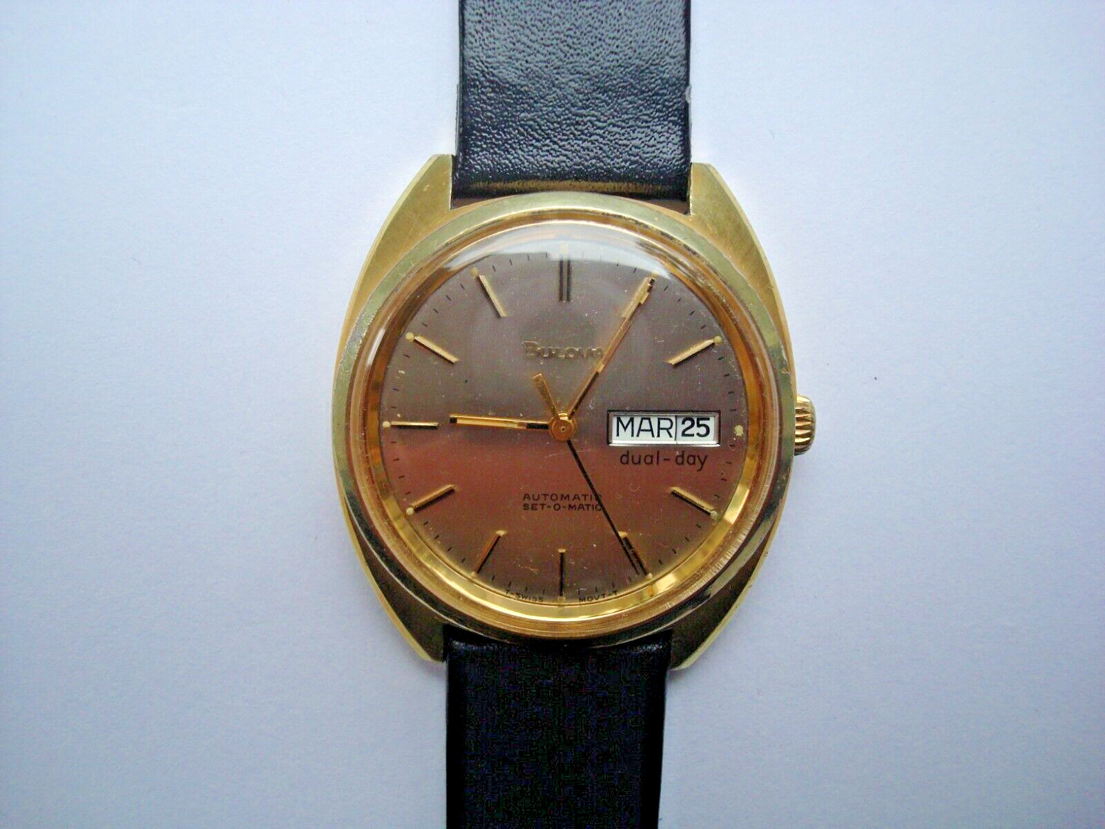 Bulova N7 Mens Automatic Watch 17j. ETA 2879 Day Date Quick Set New Band GC Runs