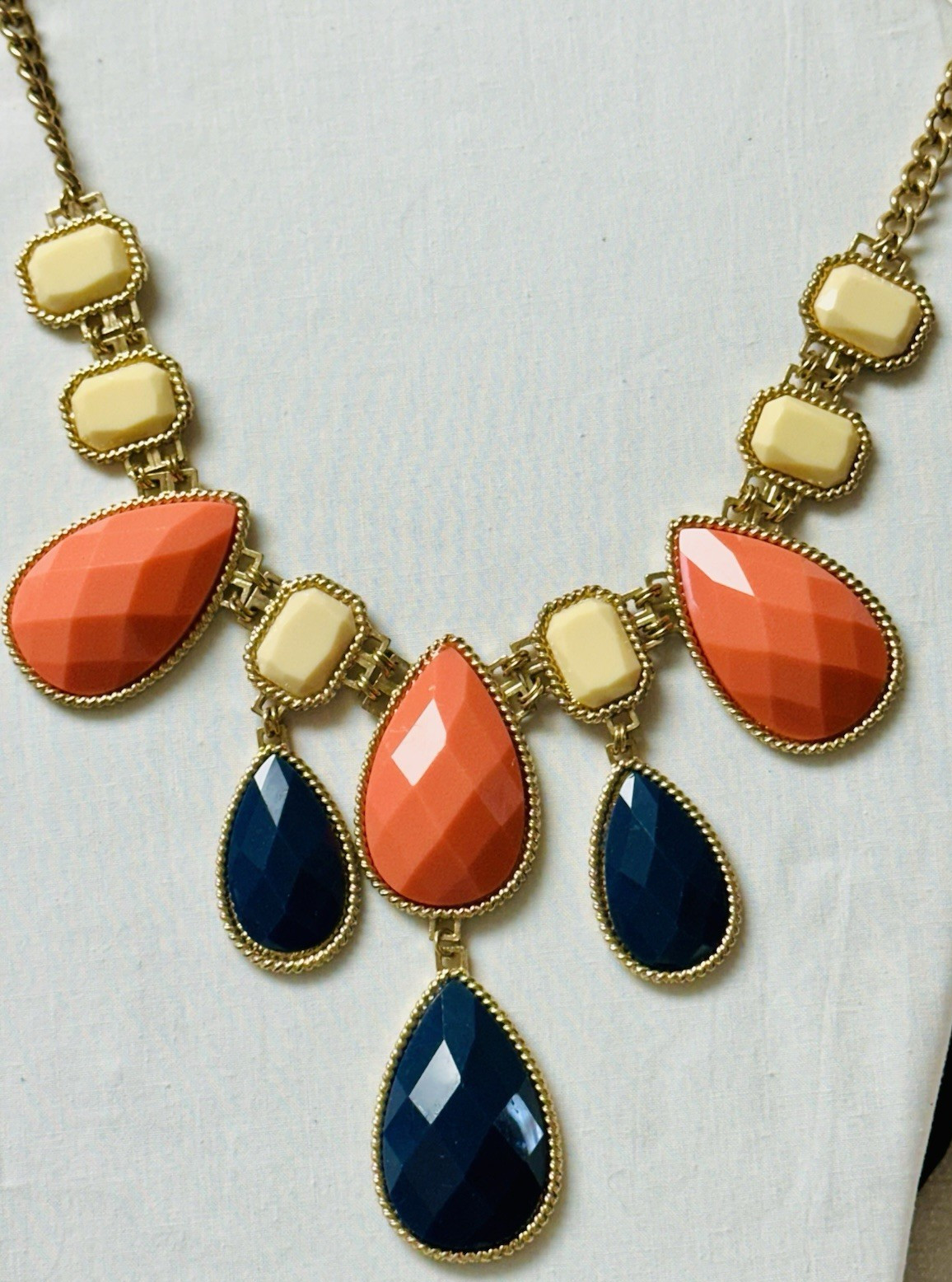 ALDO Orange Blue Faceted Teardrop Dangle Cabochon Bib Statement Necklace n890