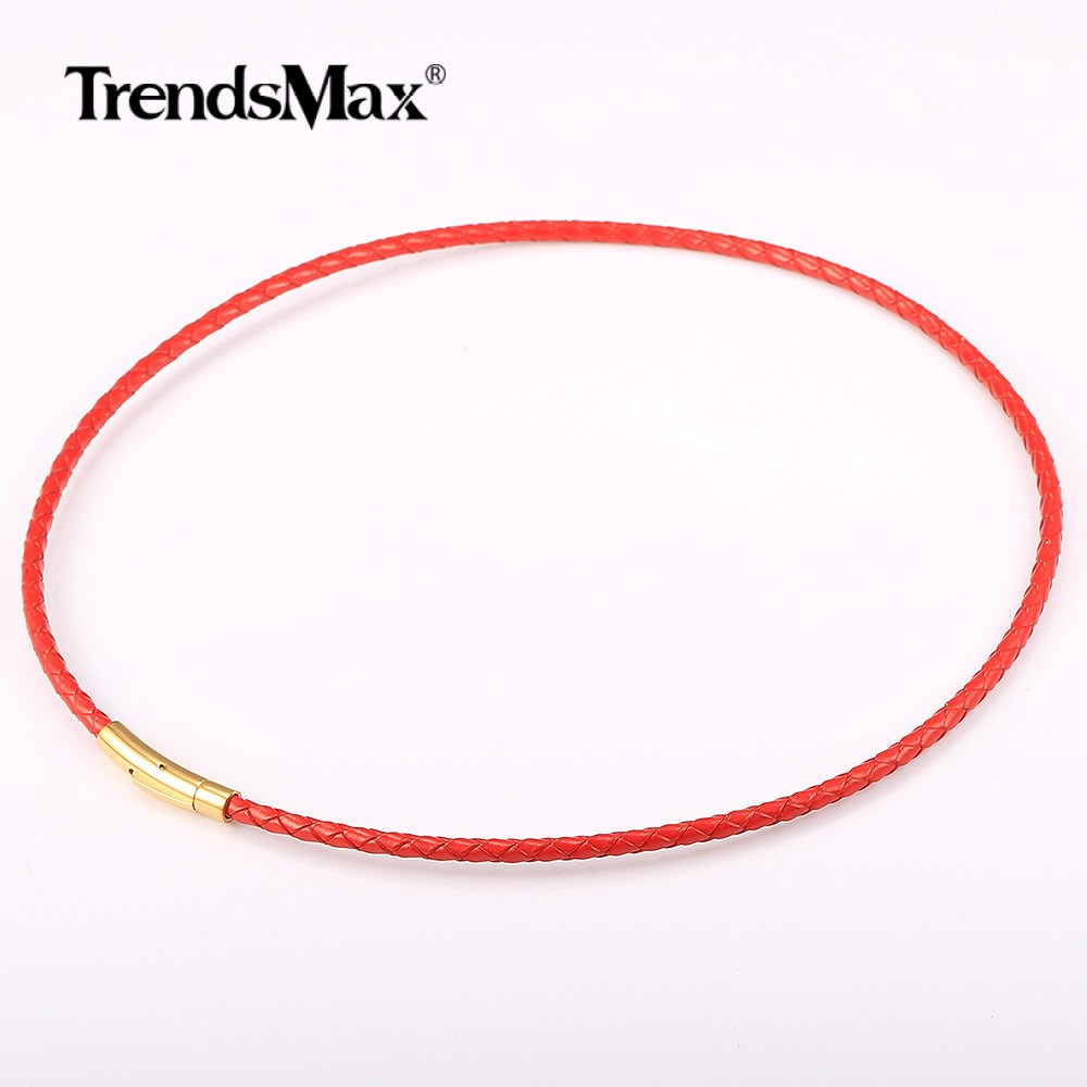 4mm Red Leather Rope Necklace Choker Gold Plated Stainless Steel Push Lock New