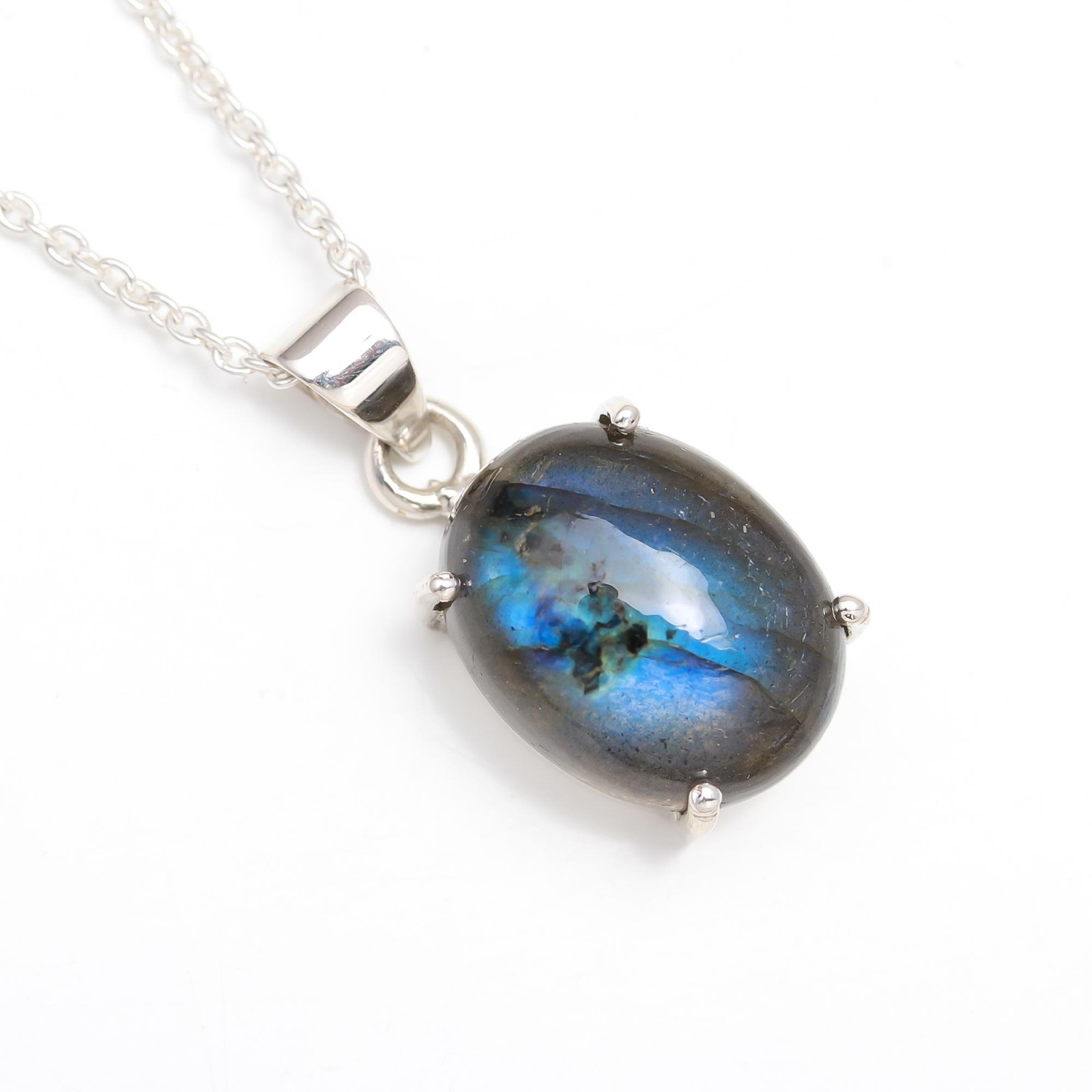Natural Labradorite Oval Chain Necklace 925 Sterling Silver Minimalist Jewelry