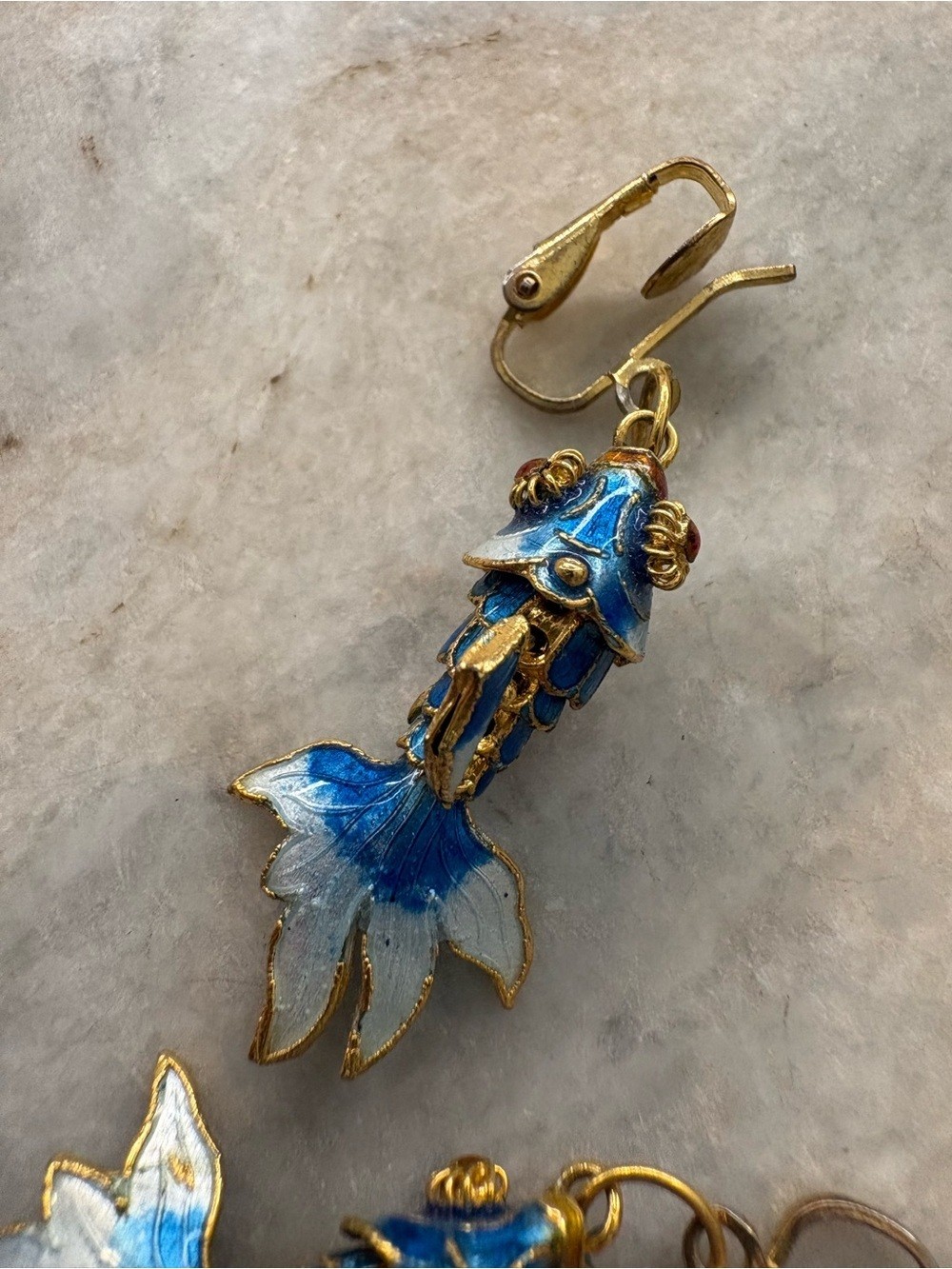 Vintage Blue Enamel Koi Fish Clip-On Earrings – Gold Tone