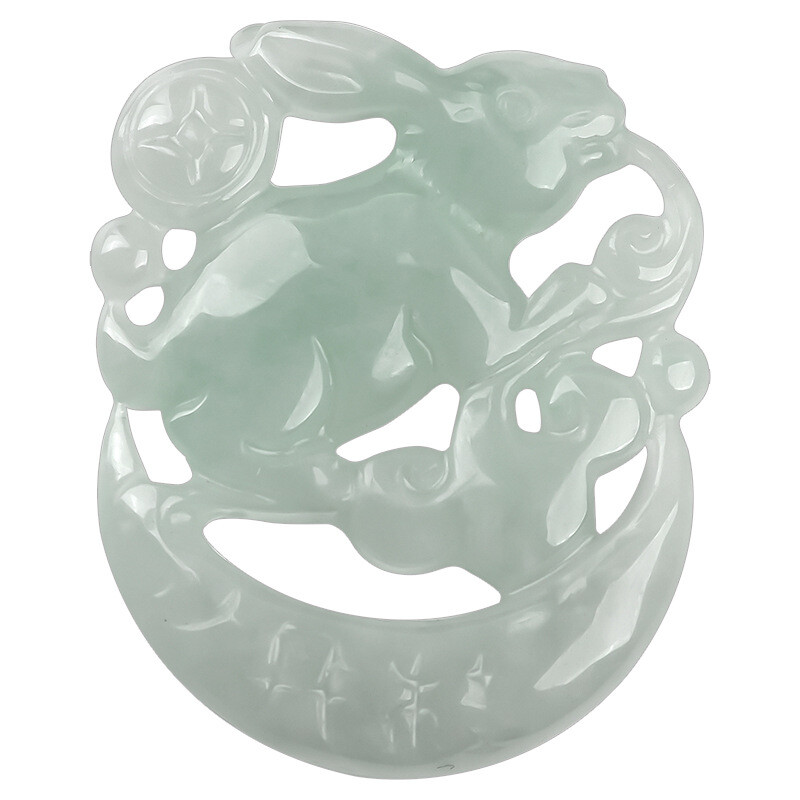 Natural Jadeite A Grade Jade Pendant White Jadeite Lucky Zodiac Moon Rabbit