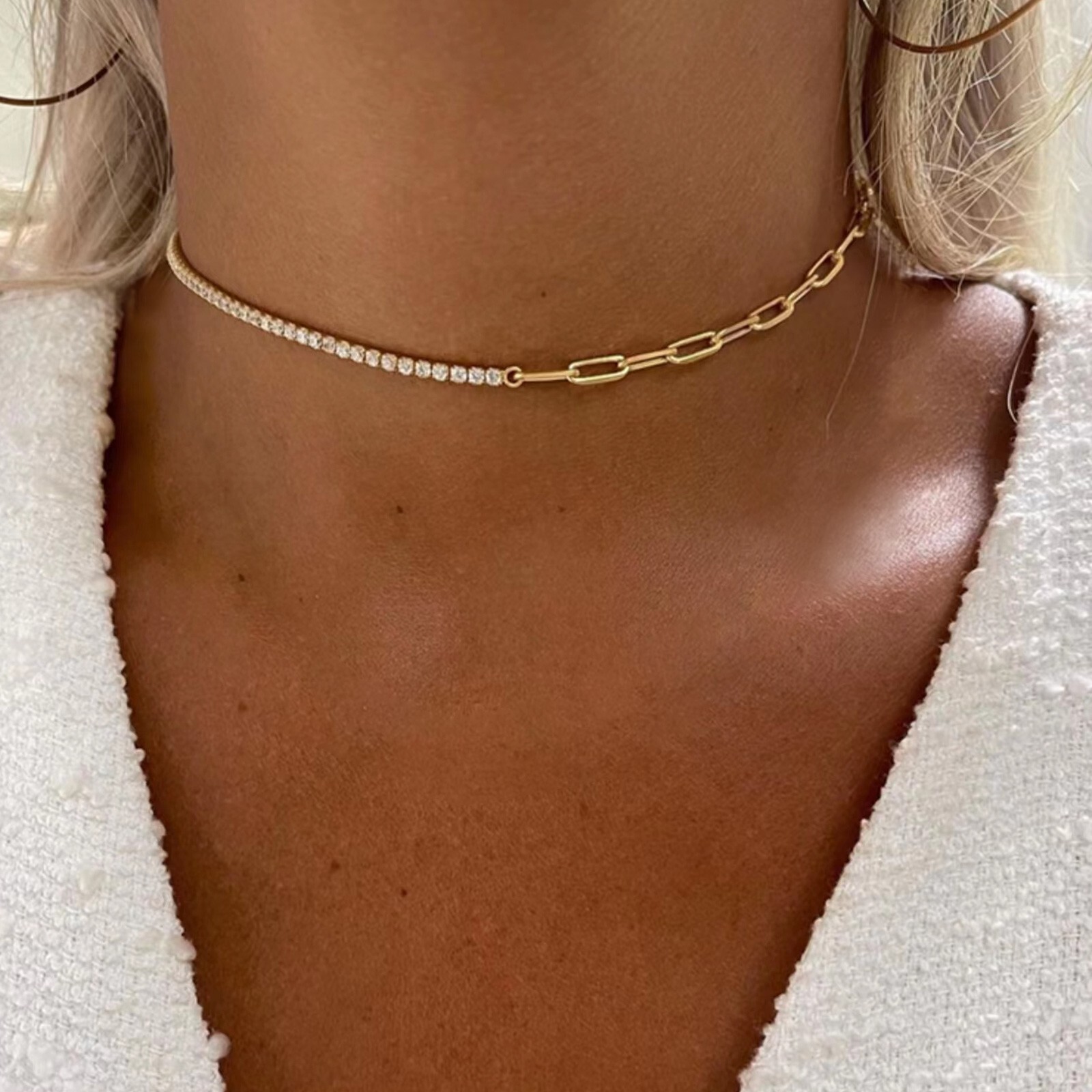 14K Gold Plated 5A Cubic Zirconia Paperclip Chain Tennis Jewelry Sets for Women