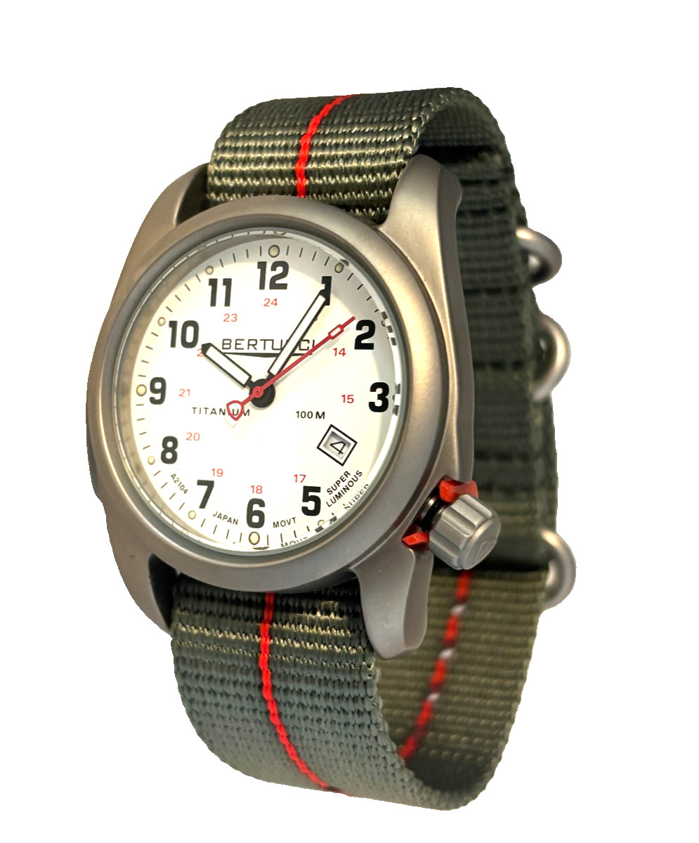 BERTUCCI MEN’S NEW FIELD QUARTZ WATCH, MODEL A-2T ORG. CLASSIC, RED STRIPE BAND