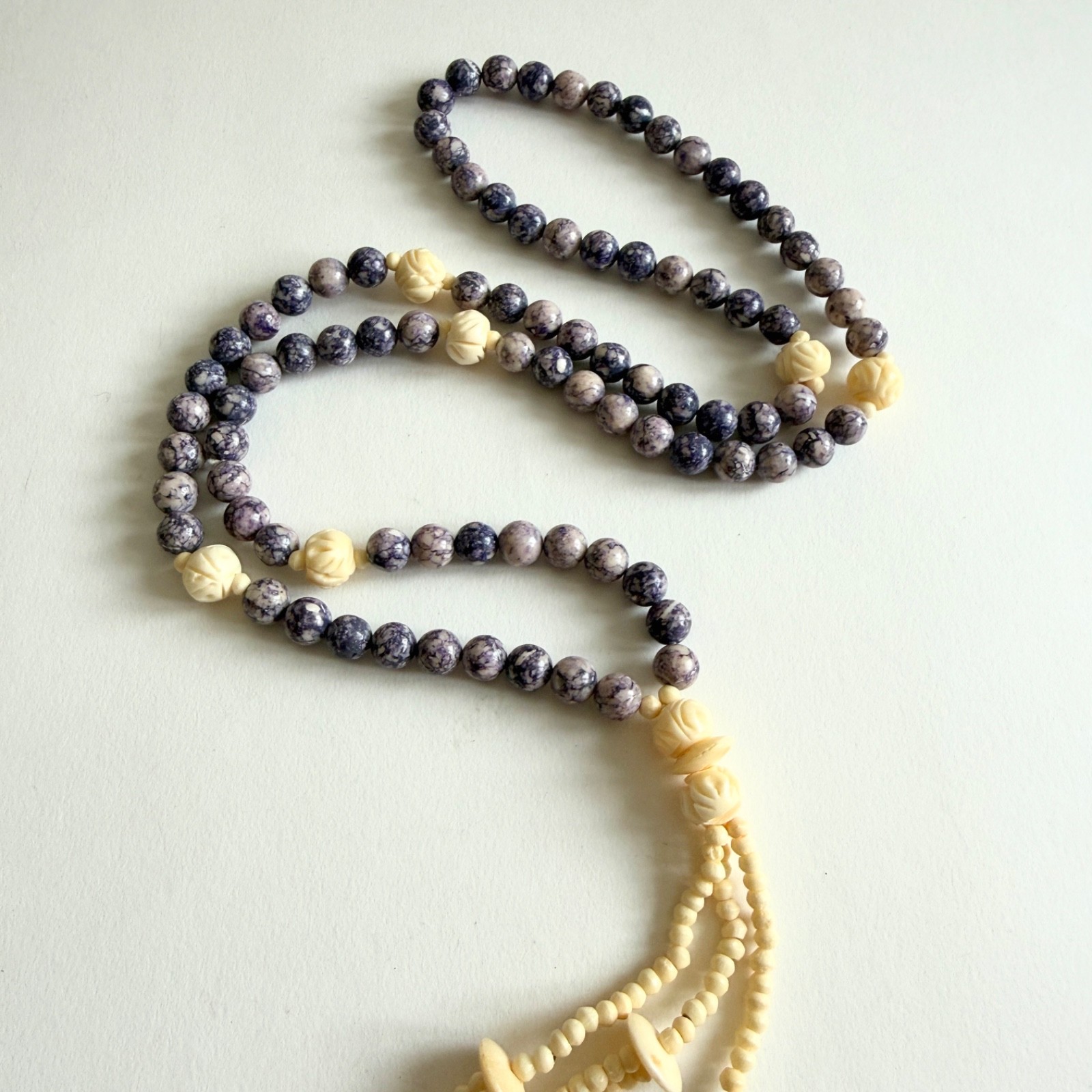 Vintage Fetish Carved Bone Purple Stone Lariat Necklace Butterfly Turtle Apple
