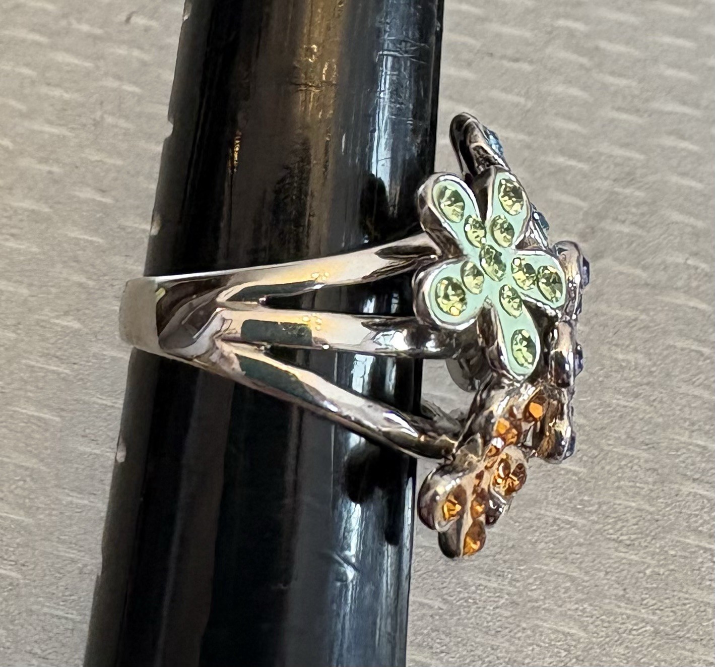 Dramatic Sterling Silver Multi Color Gem Enamel Flower Bouquet Ring 925 size 9.5