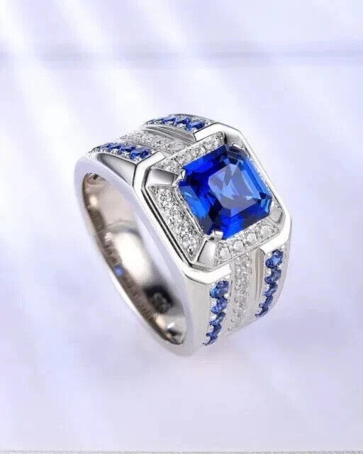 3Ct Asscher Cut Lab-Created Sapphire Wedding Ring Man’s 14k White Gold Plated