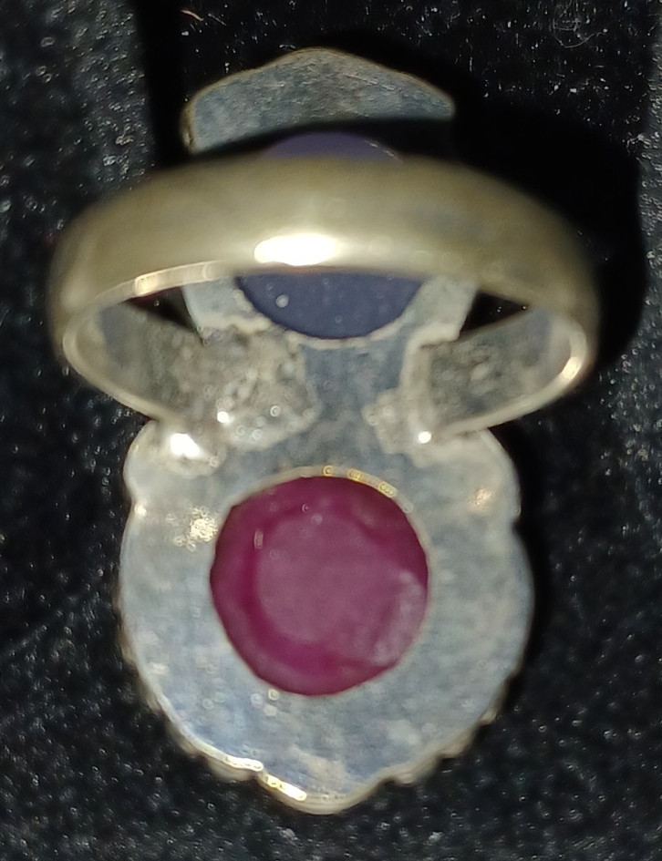 lavender and dark pink cabochon silver ring approx size 5