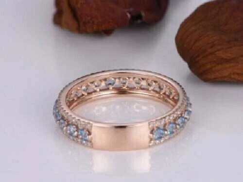 1.50Ct Round Cut Aquamarine Half Eternity Wedding Band Ring 18K Rose Gold Finish
