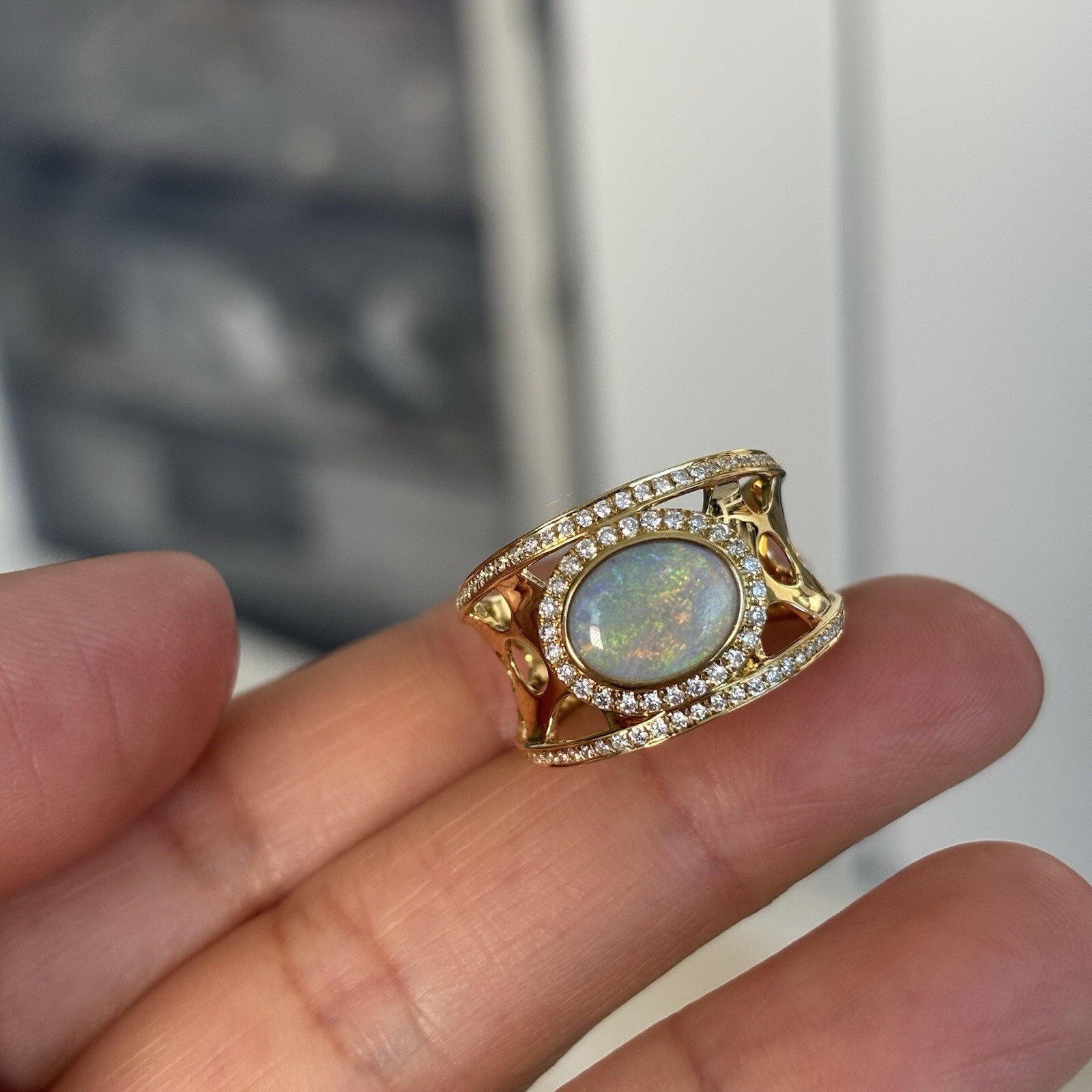 Natural Australia Solid opal w/0.301cts diamond 18K gold ring 29.79cts #O 1/2