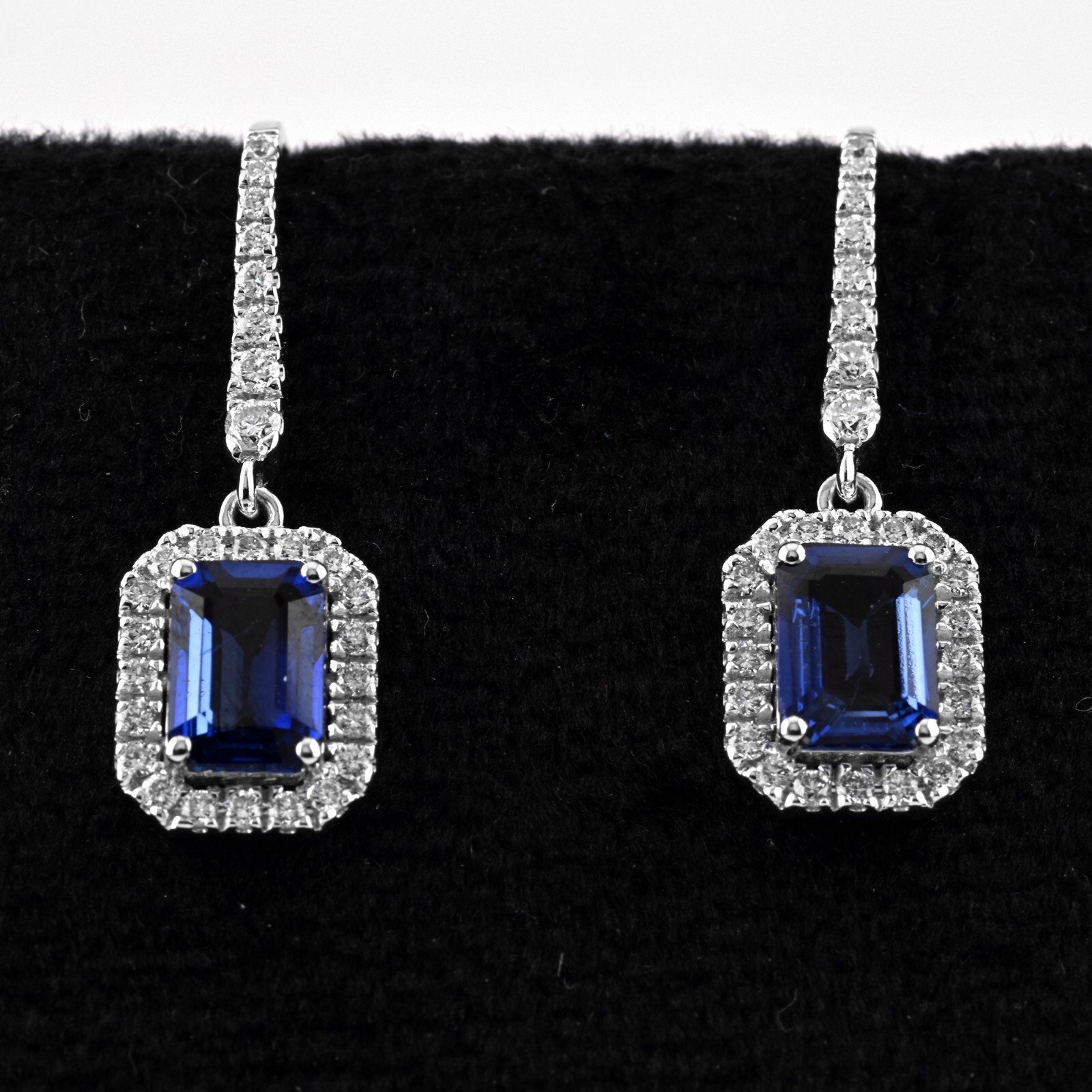 Lab Blue Sapphire Diamond Solid 18K White Gold Drop Earrings, Christmas Gift