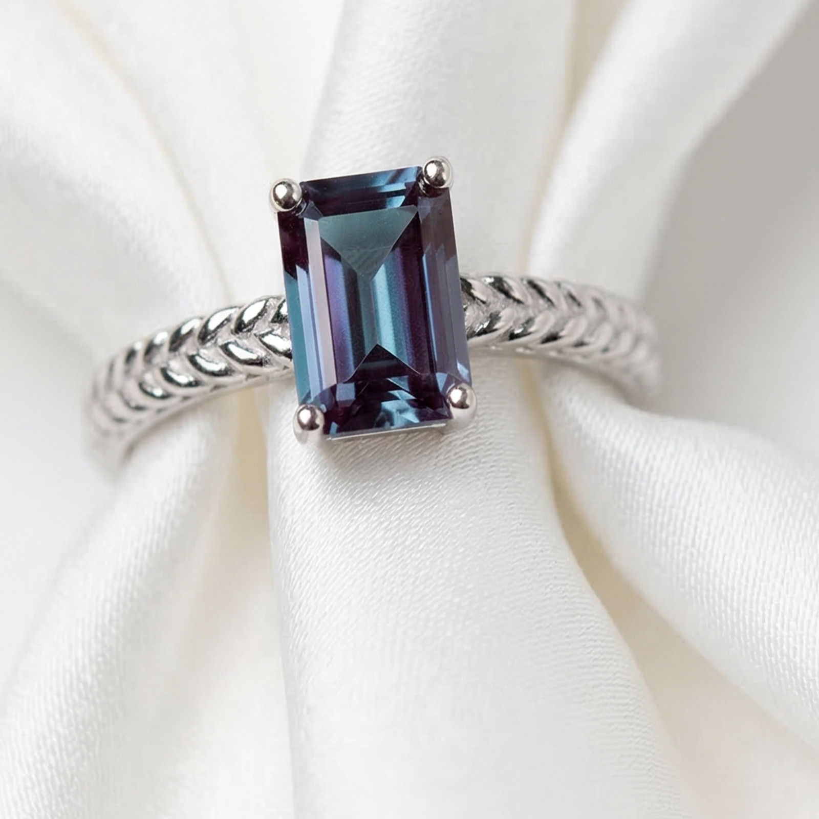 925 Sterling Silver Emerald Cut Alexandrite Wheat Pattern Ring, June Birthstone