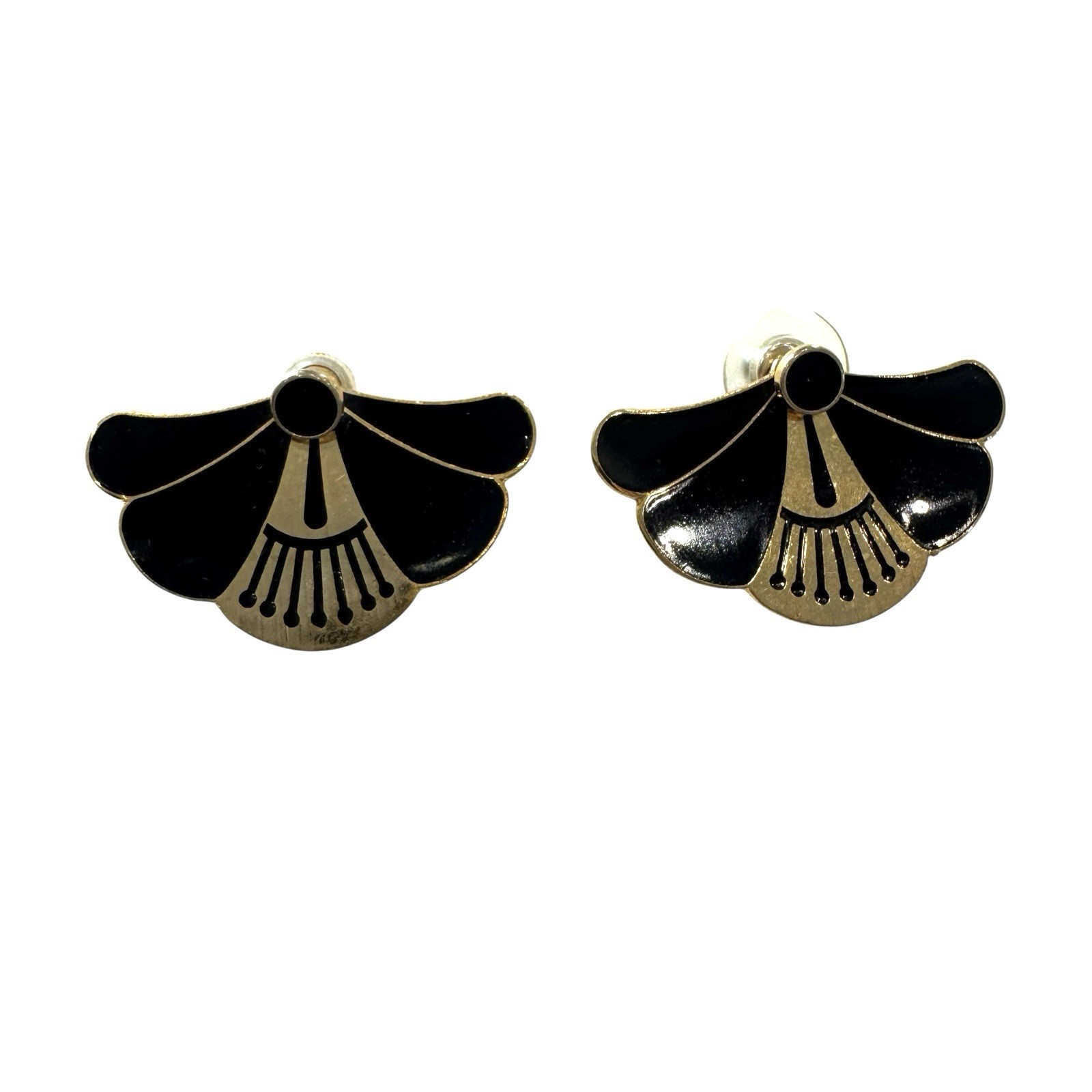 vintage Laurel Burch Stud Earrings Fans Black Enamel Cloisonné Deco Multi Use