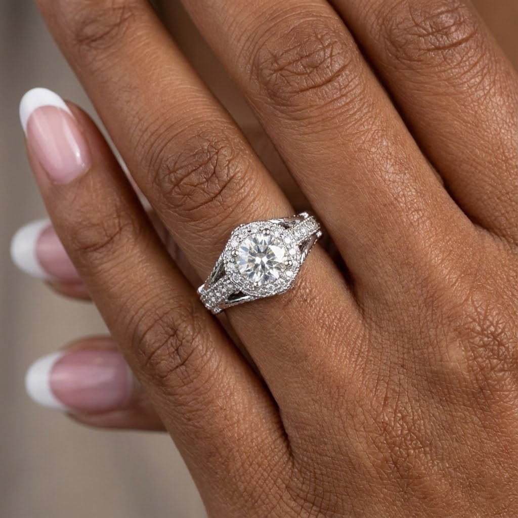 Side Stone Engagement Ring 14K Gold Halo 3.06 CT Round Lab-Grown Diamond F SI2