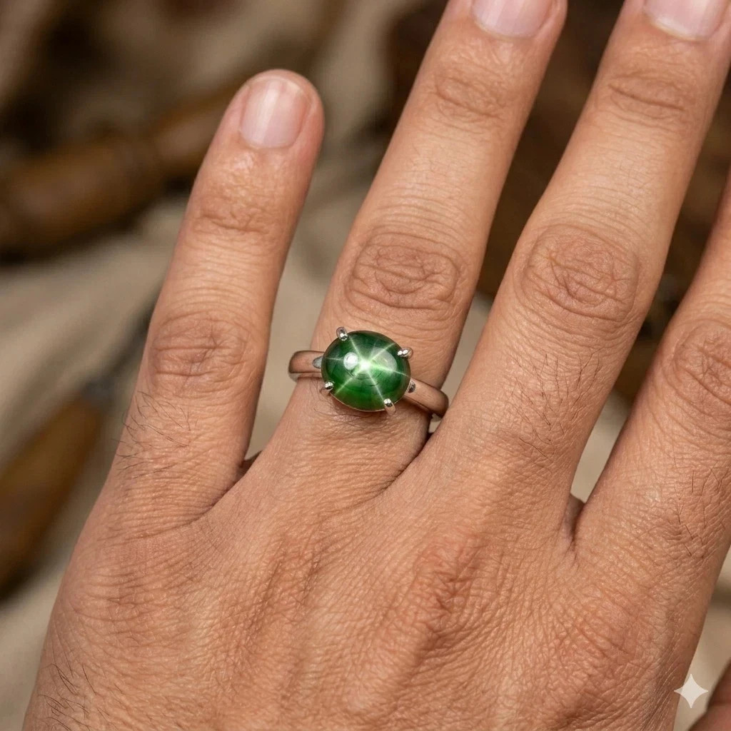 10.50 Carat 6 Rays Green Sapphire Ring 925 Sterling Silver East West Jewelry