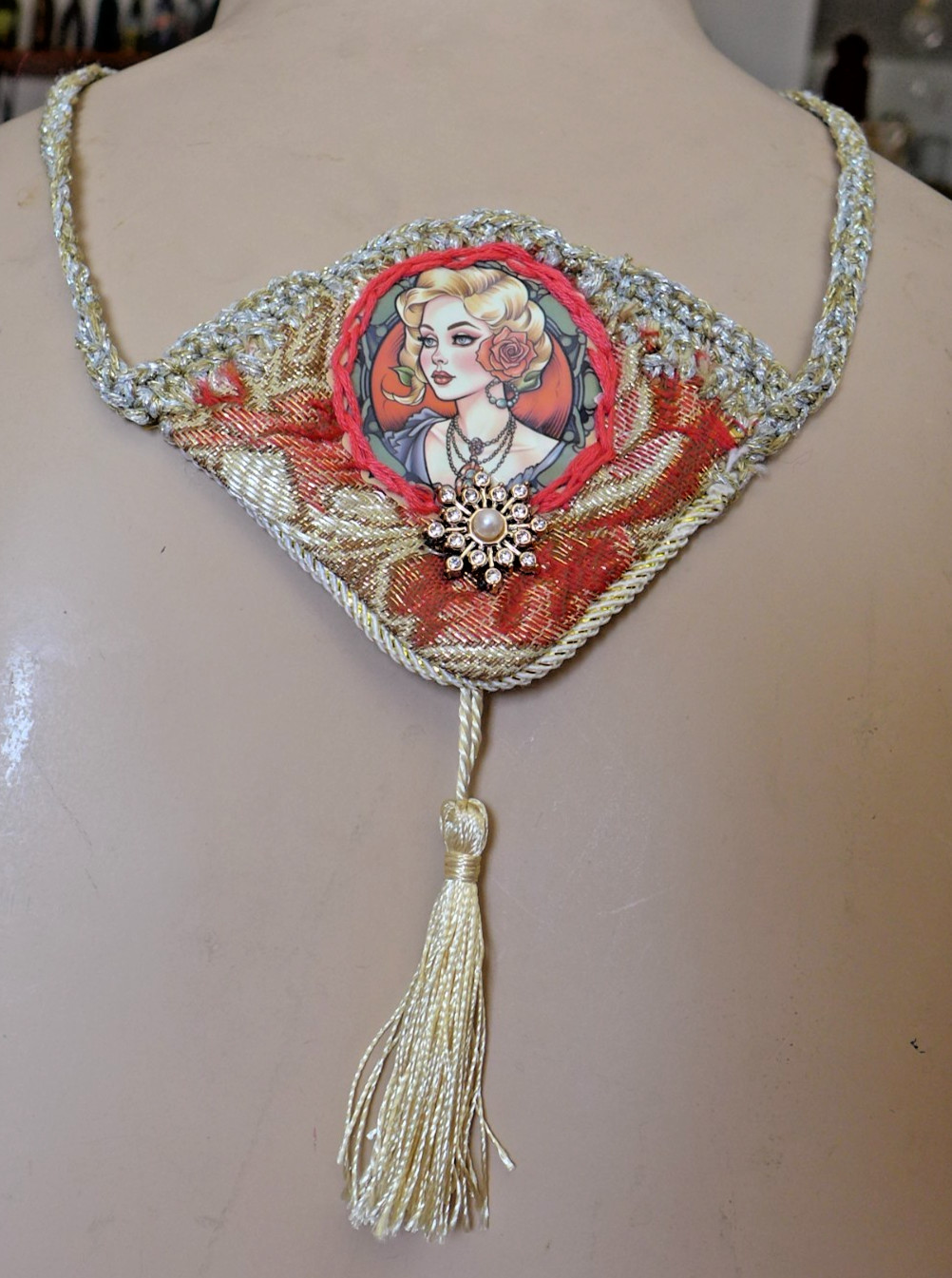 Handmade Crocheted art Necklace Cotton Fabric embroidered crocheted+ Beads