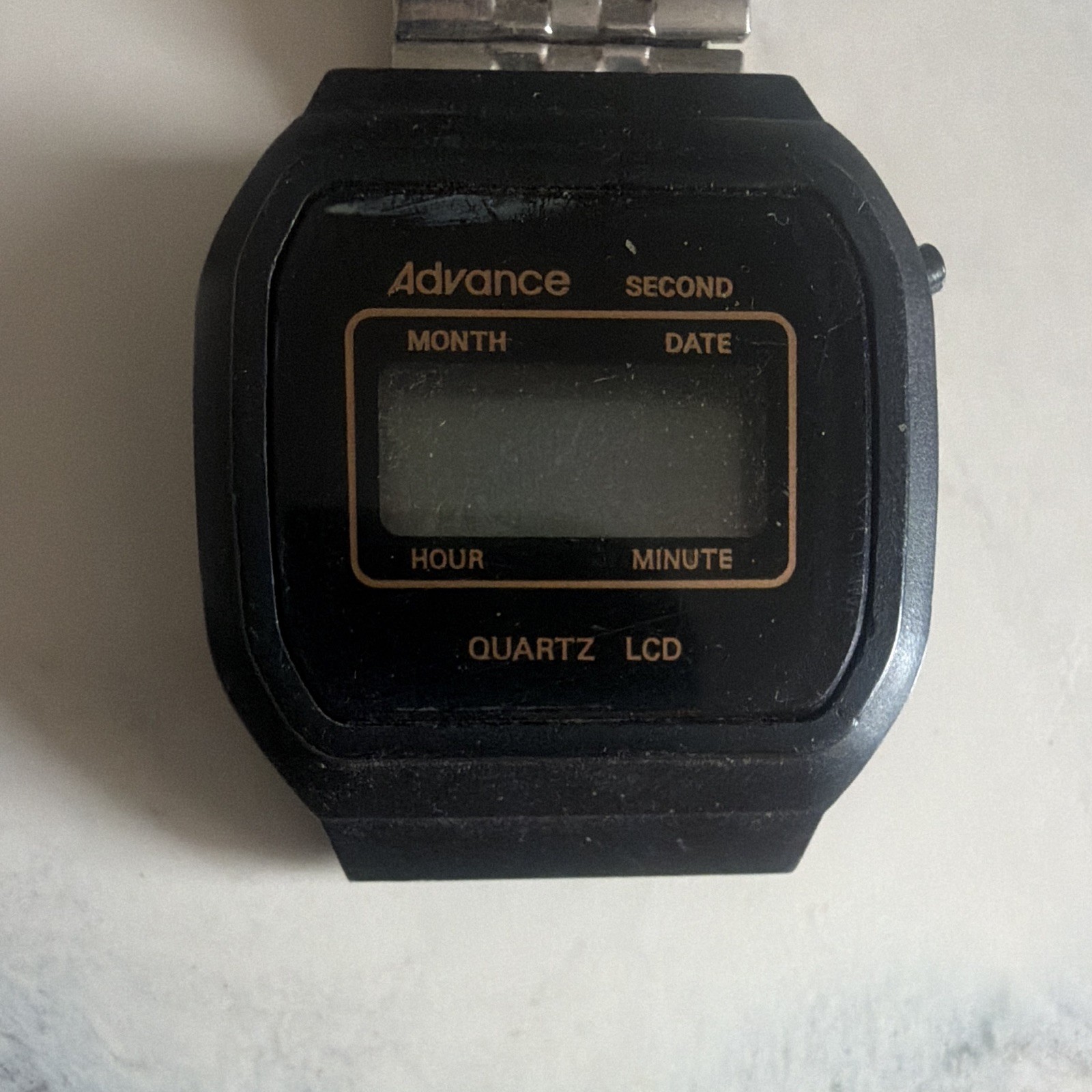 Advance Quartz LCD Digital Quartz Watch w/ Date, Square Black Case, SS Bracelet
