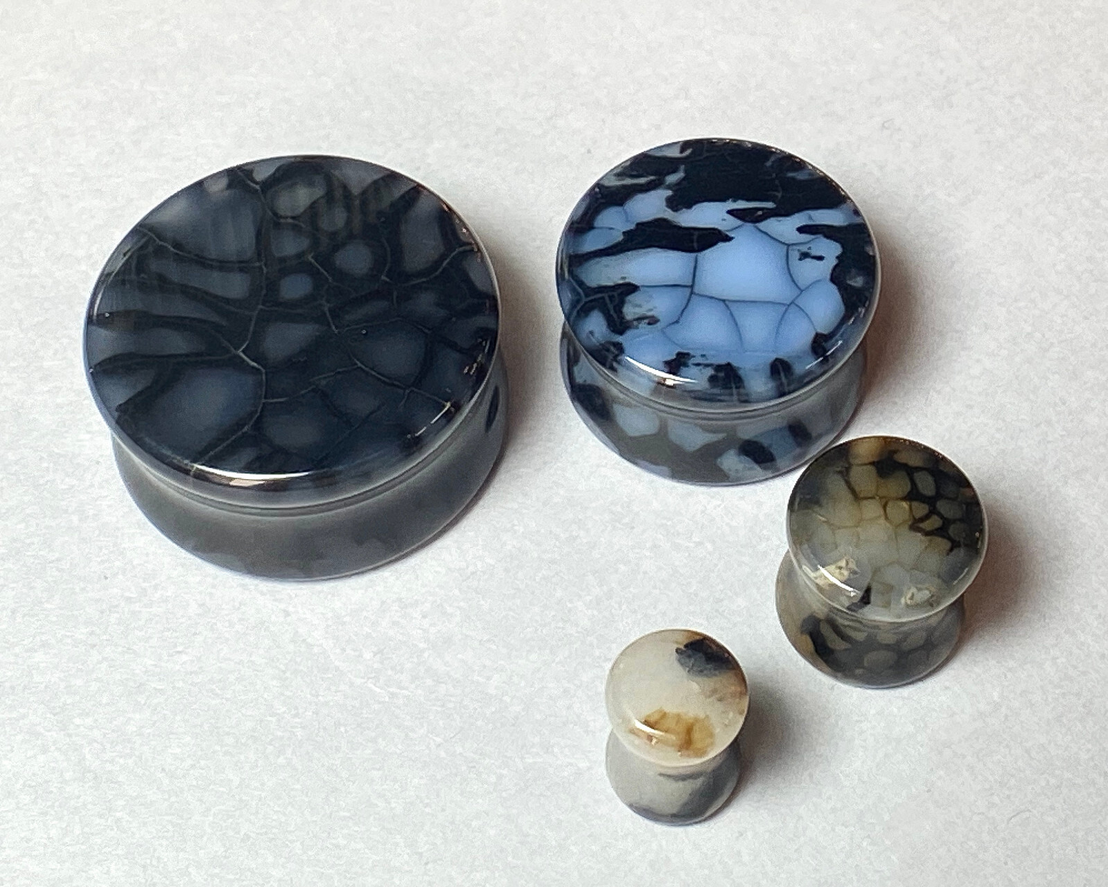 PAIR Black Dragons Vein Agate Stone Double Flare Plugs Organic Earlets Gauges