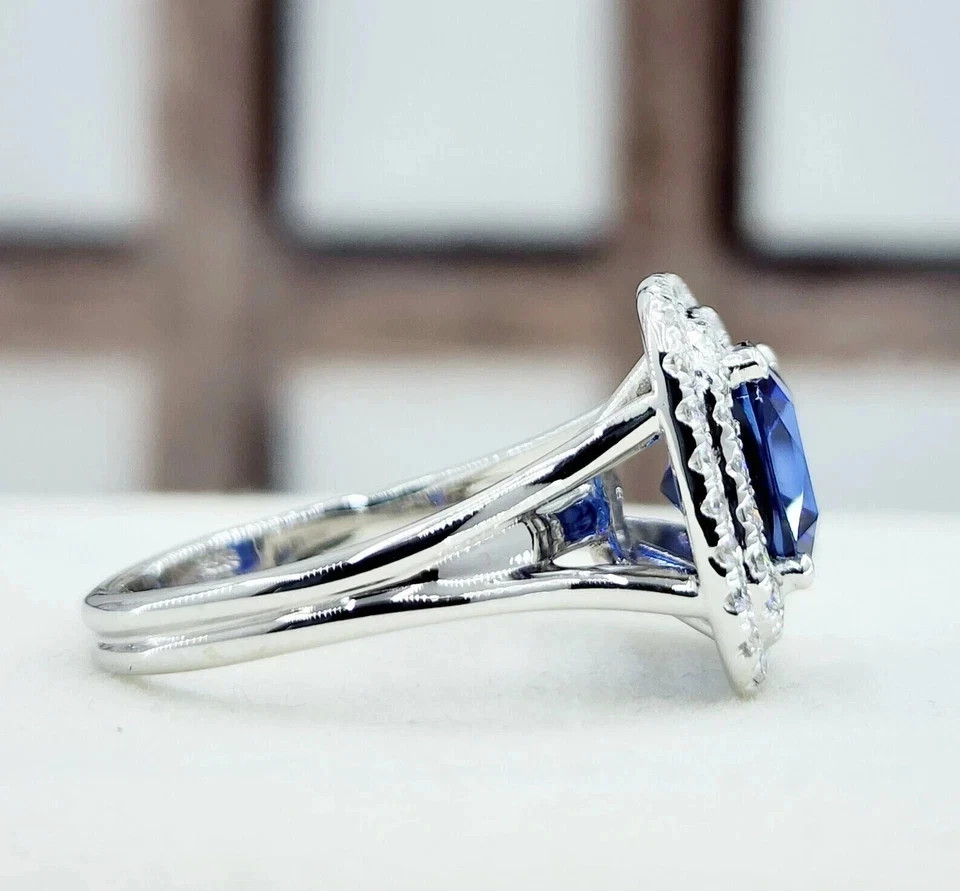 3.00 Ct Cushion Cut Natural Sapphire & Diamond Wedding Ring 14K White Gold 6 7 8