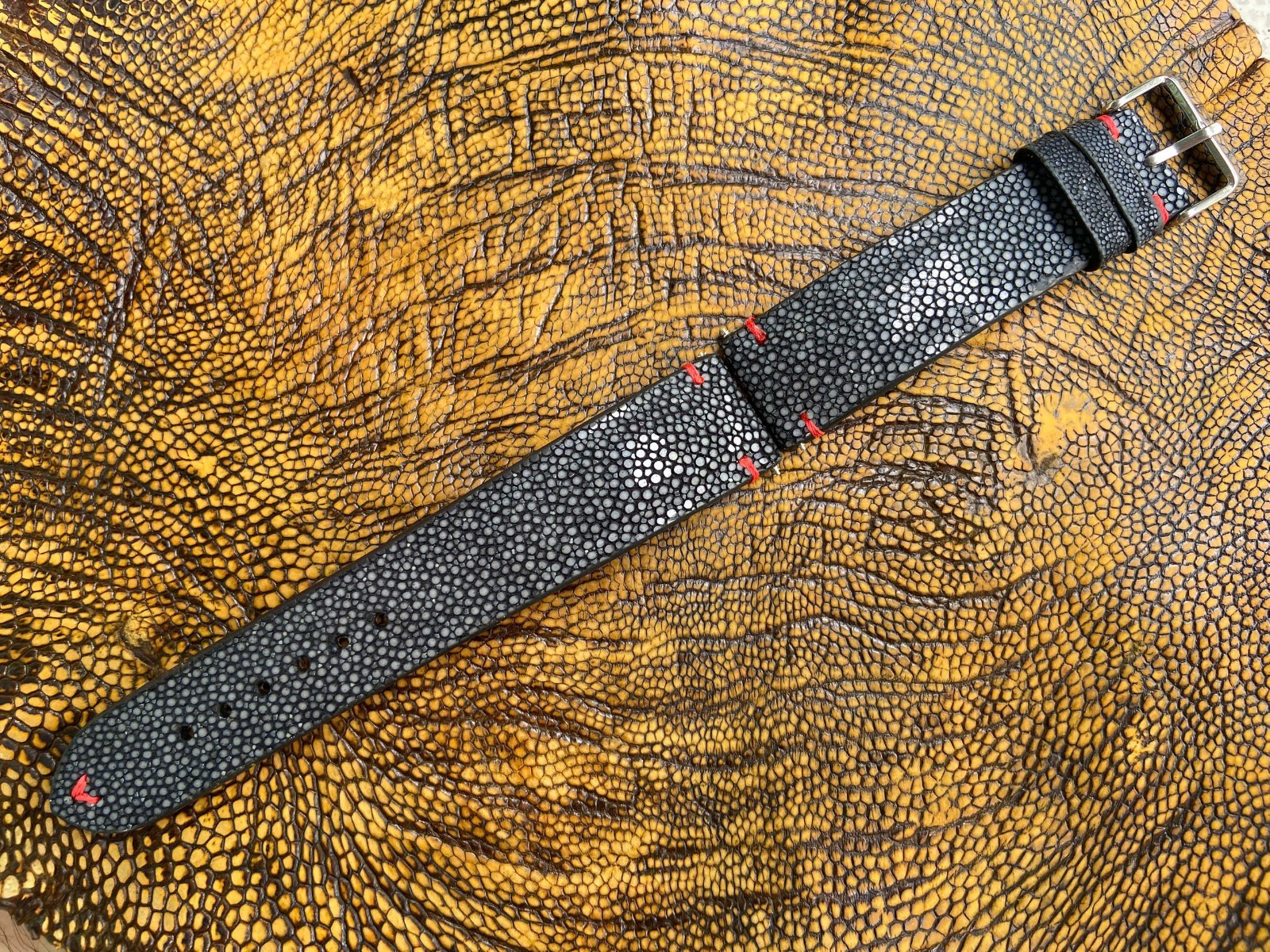 Black Stingray Leather Watch Strap Band, Size 18mm 19mm 20mm 21mm 22mm 24mm 26mm