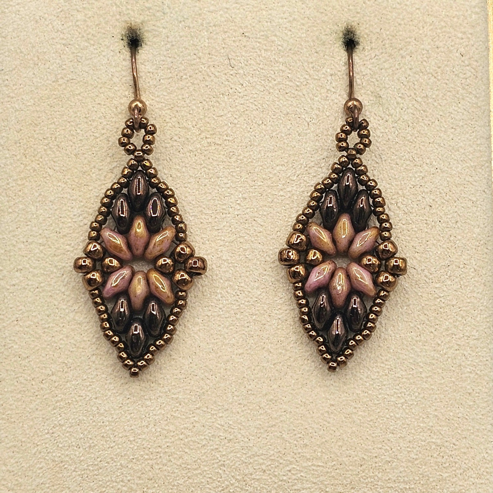 Beaded Floral Boho Dangle Earrings Mauve Purpleish Bronze Tones Earthy